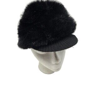 Y2K Black Faux Fur Newsboy Cap Winter Plush Fuzzy Hat Cold Weather OSFM